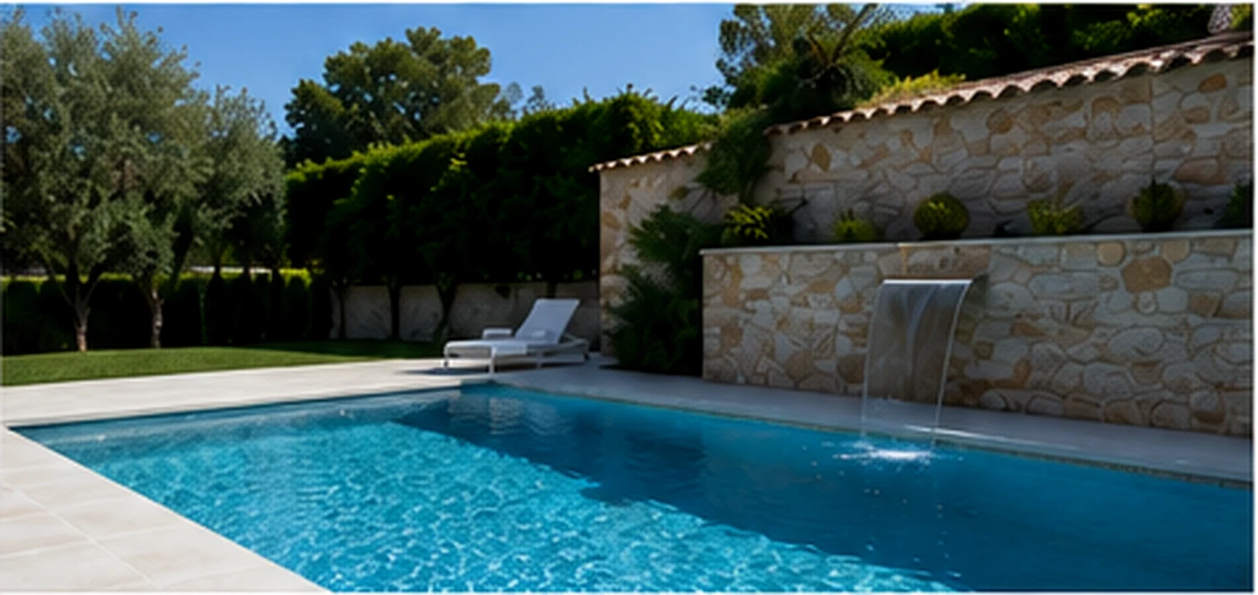 Piscina renovada con cascada y muro de piedra